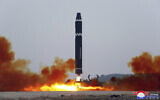 This photo provided by the North Korean government, shows what it says a test launch of a Hwasong-15 intercontinental ballistic missile at Pyongyang International Airport in Pyongyang, North Korea, February 18, 2023. (Korean Central News Agency/Korea News Service via AP)