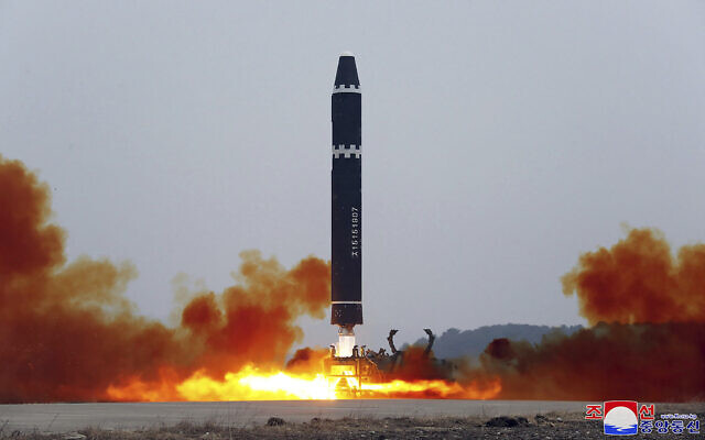 This photo provided by the North Korean government, shows what it says a test launch of a Hwasong-15 intercontinental ballistic missile at Pyongyang International Airport in Pyongyang, North Korea, February 18, 2023. (Korean Central News Agency/Korea News Service via AP) This photo provided by the North Korean government, shows what it says a test launch of a Hwasong-15 intercontinental ballistic missile at Pyongyang International Airport in Pyongyang, North Korea, February 18, 2023. (Korean Central News Agency/Korea News Service via AP)