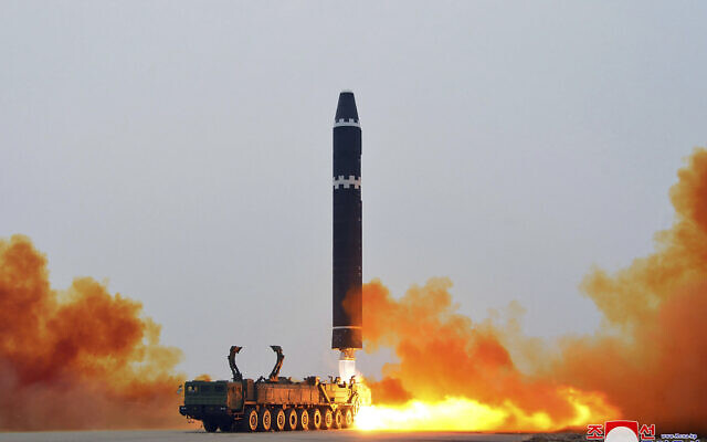 This photo provided by the North Korean government, shows what it says a test launch of a Hwasong-15 intercontinental ballistic missile at Pyongyang International Airport in Pyongyang, North Korea Saturday, Feb. 18, 2023. Independent journalists were not given access to cover the event depicted in this image distributed by the North Korean government. The content of this image is as provided and cannot be independently verified. Korean language watermark on image as provided by source reads: KCNA which is the abbreviation for Korean Central News Agency. (Korean Central News Agency/Korea News Service via AP) This photo provided by the North Korean government, shows what it says a test launch of a Hwasong-15 intercontinental ballistic missile at Pyongyang International Airport in Pyongyang, North Korea Saturday, Feb. 18, 2023. Independent journalists were not given access to cover the event depicted in this image distributed by the North Korean government. The content of this image is as provided and cannot be independently verified. Korean language watermark on image as provided by source reads: KCNA which is the abbreviation for Korean Central News Agency. (Korean Central News Agency/Korea News Service via AP)