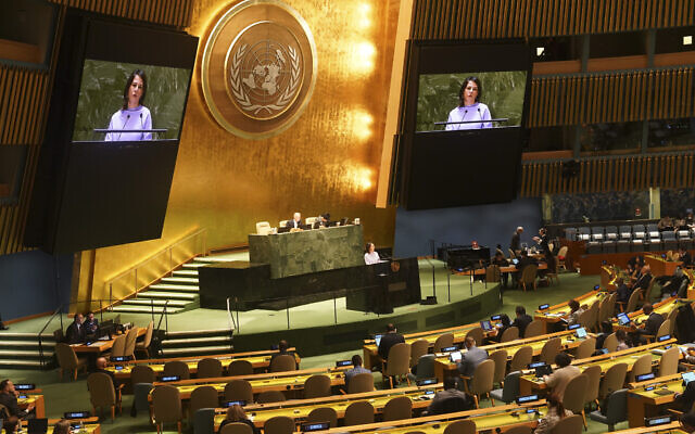 Germany's foreign minister Annalena Baerbock addresses the UN General Assembly before a vote for a UN resolution upholding Ukraine's territorial integrity and calling for a cessation of hostilities, Thursday Feb. 23, 2023 at UN headquarters. (AP Photo/Bebeto Matthews)