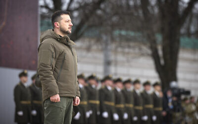Ukrainian President Volodymyr Zelensky attends a commemorative event on the occasion of the Russia Ukraine war one year anniversary, in Kyiv, Ukraine, February 24, 2023. (Ukrainian Presidential Press Office via AP)