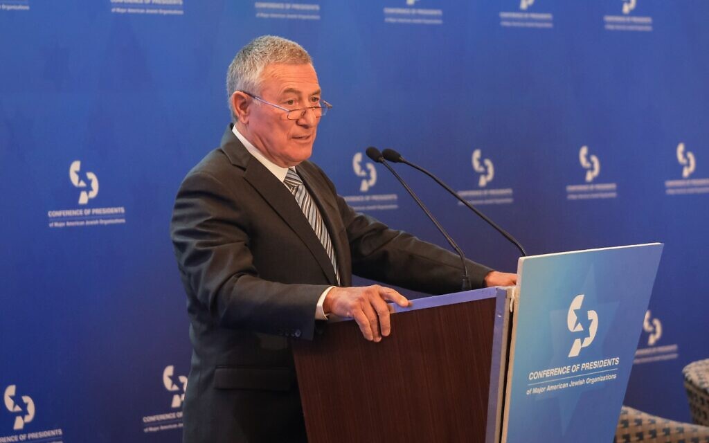 Jewish Agency Chairman Doron Almog speaks to the Conference of Presidents of Major American Jewish Organizations in Jerusalem on February 23, 2023. (Amit Elkayam/Conference of Presidents) Jewish Agency Chairman Doron Almog speaks to the Conference of Presidents of Major American Jewish Organizations in Jerusalem on February 23, 2023. (Amit Elkayam/Conference of Presidents)