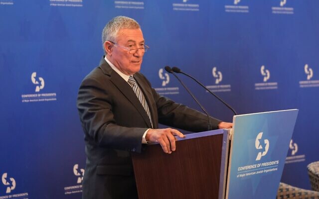 Jewish Agency Chairman Doron Almog speaks to the Conference of Presidents of Major American Jewish Organizations in Jerusalem on February 23, 2023. (Amit Elkayam/Conference of Presidents) Jewish Agency Chairman Doron Almog speaks to the Conference of Presidents of Major American Jewish Organizations in Jerusalem on February 23, 2023. (Amit Elkayam/Conference of Presidents)