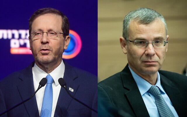Composite image. Left: President Isaac Herzog at the Ashmoret conference in Tel Aviv, January 24, 2023. (Avshalom Sassoni/Flash90)
Right: Justice Minister Yariv Levin in attendance at a hearing of the Knesset Constitution, Law and Justice Committee, January 11, 2023. (Yonatan Sindel/Flash90) Composite image. Left: President Isaac Herzog at the Ashmoret conference in Tel Aviv, January 24, 2023. (Avshalom Sassoni/Flash90)
Right: Justice Minister Yariv Levin in attendance at a hearing of the Knesset Constitution, Law and Justice Committee, January 11, 2023. (Yonatan Sindel/Flash90)