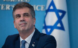 Foreign Minister Eli Cohen attends a press conference at the Prime Minister's Office in Jerusalem, January 25, 2023. (Yonatan Sindel/Flash90)