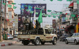 Members of Izz al-Din al-Qassam Brigades, the Hamas military wing, patrol in Rafah, Gaza Strip, December 14, 2022. (Abed Rahim Khatib/Flash90)