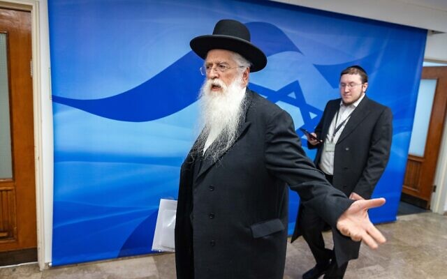 Jerusalem and Heritage Minister Meir Porush arrives for the weekly cabinet meeting in the Prime Minister's Office in Jerusalem on January 22, 2023. (Olivier Fitoussi/Flash90) Jerusalem and Heritage Minister Meir Porush arrives for the weekly cabinet meeting in the Prime Minister's Office in Jerusalem on January 22, 2023. (Olivier Fitoussi/Flash90)