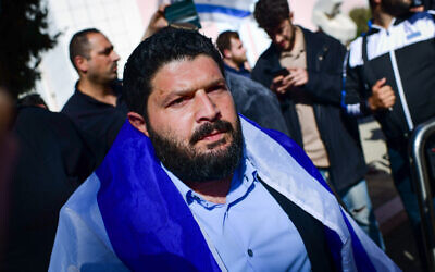 Otzma Yehudit MK Almog Cohen attends a right wing counterprotest against a demonstration by Arab Israeli students and left-wing activists against Israeli army operations in Jenin, at Tel Aviv University, January 30, 2023. (Tomer Neuberg/Flash90)