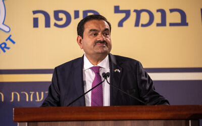 Gautam Adani speaks during a ceremony at the Haifa port on January 31, 2023. (Shir Torem/Flash90)