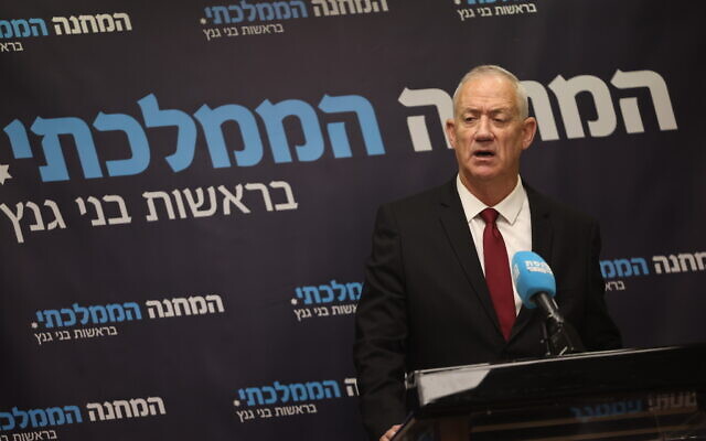 Leader of the National Unity Party MK Benny Gantz speaks during a faction meeting at the Knesset in Jerusalem, on February 6, 2023. (Yonatan Sindel/Flash90) Leader of the National Unity Party MK Benny Gantz speaks during a faction meeting at the Knesset in Jerusalem, on February 6, 2023. (Yonatan Sindel/Flash90)