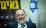 Shas chief Aryeh Deri leads a Knesset faction meeting on February 6, 2023. (Yonatan Sindel/Flash90)
