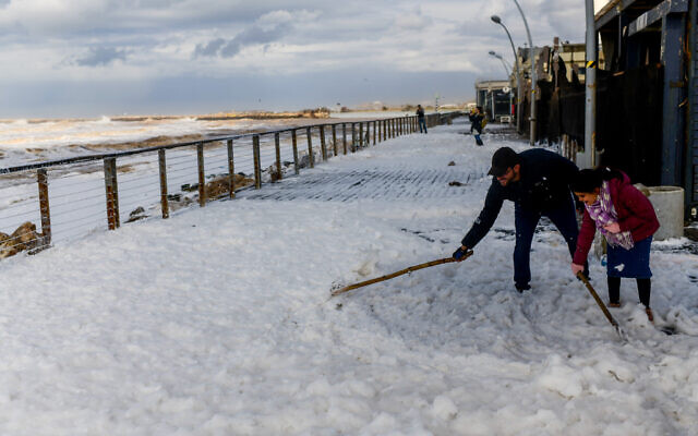 White soapy foam at the Tel Aviv port, during a stormy weather, on February 7, 2023. (Tomer Neuberg/Flash90) White soapy foam at the Tel Aviv port, during a stormy weather, on February 7, 2023. (Tomer Neuberg/Flash90)