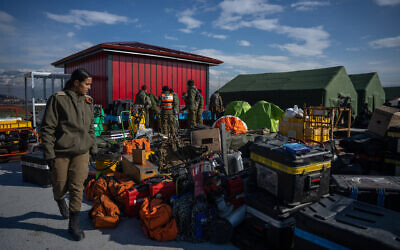 Israeli army and rescue forces seen near the city of Kahramanmaras, Turkey, to assist in rescue efforts after the earthquake on February 8, 2023. (Erik Marmor/Flash90)