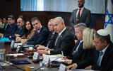 Prime Minister Benjamin Netanyahu, center, chairs the weekly cabinet meeting in Jerusalem, Feb. 12, 2023. At right is Itamar Ben Gvir. (Amit Shabi / Pool)