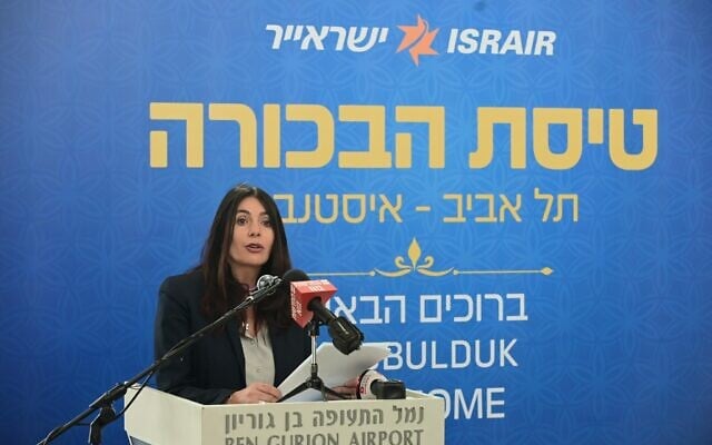 Transportation Minister Miri Regev at a ceremony for the restoration of commercial flights by Israeli companies to Turkey at Ben Gurion Airport near Tel Aviv, February 16, 2023. (Tomer Neuberg/Flash90) Transportation Minister Miri Regev at a ceremony for the restoration of commercial flights by Israeli companies to Turkey at Ben Gurion Airport near Tel Aviv, February 16, 2023. (Tomer Neuberg/Flash90)