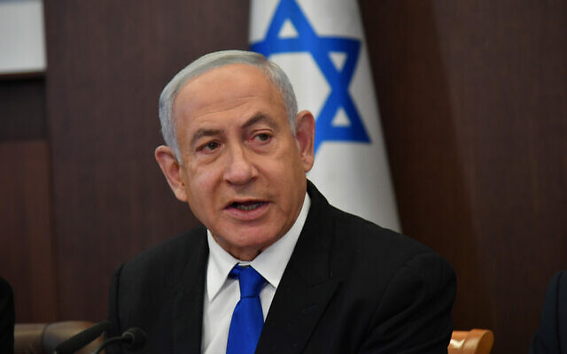 Prime Minister Benjamin Netanyahu leads a cabinet meeting at the Prime Minister's Office in Jerusalem on February 19, 2023. (Yoav Dudkevitch/Pool)