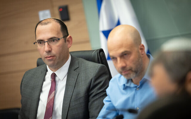 Religious Zionism MK Simcha Rothman, head of the Constitution, Law and Justice Committee, left, leads a meeting at the Knesset in Jerusalem, February 20, 2023. At right is the committee's legal adviser Gur Bligh. (Yonatan Sindel/Flash90) Religious Zionism MK Simcha Rothman, head of the Constitution, Law and Justice Committee, left, leads a meeting at the Knesset in Jerusalem, February 20, 2023. At right is the committee's legal adviser Gur Bligh. (Yonatan Sindel/Flash90)