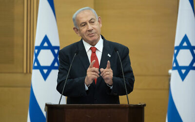 Prime Minister Benjamin Netanyahu leads a faction meeting of his Likud party at the Knesset in Jerusalem, February 20, 2023. (Yonatan Sindel/Flash90)