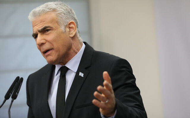 Head of the Yesh Atid party MK Yair Lapid speaks during a faction meeting at the Knesset on February 27, 2023 (Noam Revkin Fenton/Flash90) Head of the Yesh Atid party MK Yair Lapid speaks during a faction meeting at the Knesset on February 27, 2023 (Noam Revkin Fenton/Flash90)