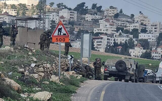 The scene of what the military said was an attempted stabbing attack near the al-Fawar refugee camp, near Hebron in the southern West Bank, February 9, 2023. (Social media: Used in accordance with Clause 27a of the Copyright Law)