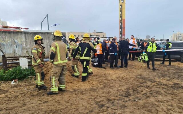 First responders on the scene of a construction site accident in Ashdod on February 8, 2023. (Fire and Rescue Services) First responders on the scene of a construction site accident in Ashdod on February 8, 2023. (Fire and Rescue Services)