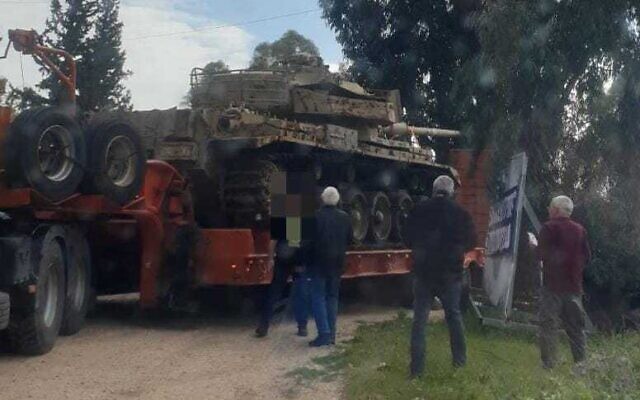This handout photo from February 16, 2023, shows a Sho't tank that was taken from the Tel Saki memorial site in the Golan Heights, by veterans of the 1973 Yom Kippur War to protest the government's planned judicial overhaul, February 16, 2023. (Israel Police) This handout photo from February 16, 2023, shows a Sho't tank that was taken from the Tel Saki memorial site in the Golan Heights, by veterans of the 1973 Yom Kippur War to protest the government's planned judicial overhaul, February 16, 2023. (Israel Police)
