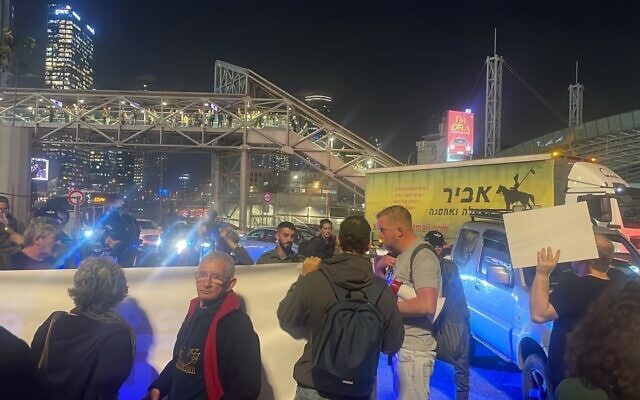 Protesters rallying against the settler rampage in Huwara block a major intersection in Tel Aviv on February 27, 2023. (Courtesy Standing Together) Protesters rallying against the settler rampage in Huwara block a major intersection in Tel Aviv on February 27, 2023. (Courtesy Standing Together)