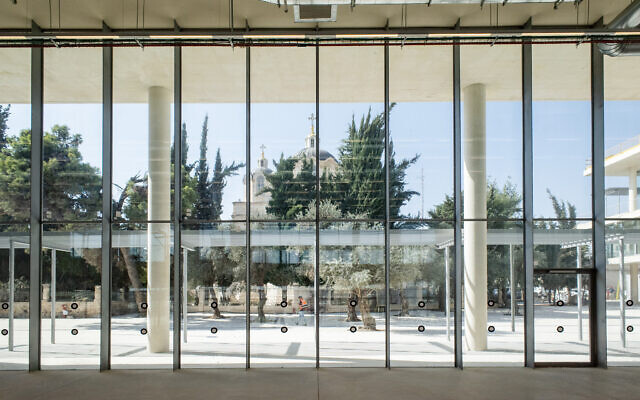 View of neighboring buildings and sites from inside the new Bezalel campus, Jerusalem, January 2023. (Courtesy SANAA Architects)