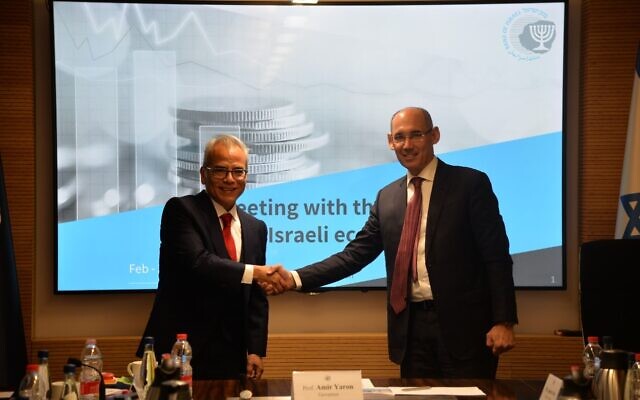 Bank of Israel governor Amir Yaron (right) meets with Miguel Segoviano, the new mission chief to Israel at the IMF, February 7, 2023. (Bank of Israel spokesperson) Bank of Israel governor Amir Yaron (right) meets with Miguel Segoviano, the new mission chief to Israel at the IMF, February 7, 2023. (Bank of Israel spokesperson)