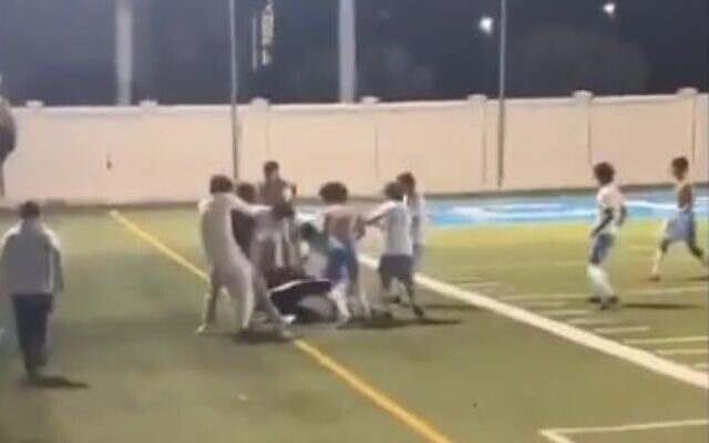 A brawl breaks out between Archbishop Coleman Carroll High School and Scheck Hillel Community School soccer teams during a match on February 15, 2023. (Screen capture/Twitter) A brawl breaks out between Archbishop Coleman Carroll High School and Scheck Hillel Community School soccer teams during a match on February 15, 2023. (Screen capture/Twitter)