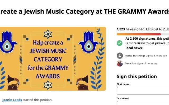 A petition to add a Jewish Grammys category garnered more than 1,800 signatures in its first week. (Screenshot from Change.org./ J the Jewish News via JTA)