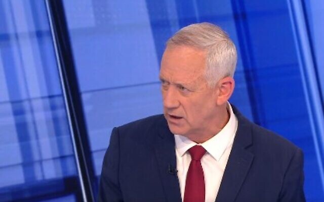 Leader of the National Unity Party MK Benny Gantz speaks to Channel 12 news, February 14, 2023. (Screenshot; used in accordance with Clause 27a of the Copyright Law)