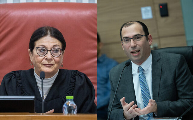 Composite image shows Supreme Court chief Esther Hayut, left, and MK Simcha Rothman, right. (Yonatan Sindel/Flash90) Composite image shows Supreme Court chief Esther Hayut, left, and MK Simcha Rothman, right. (Yonatan Sindel/Flash90)