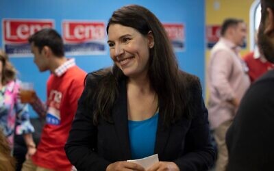 Lena Epstein greets guests during her campaign for Congress, May 5, 2018. (Rachel Woolf for The Washington Post via Getty Images via JTA)