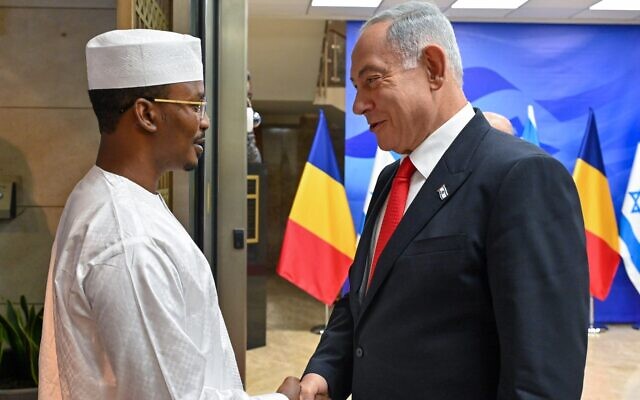 Prime Minister Benjamin Netanyahu, right, welcomes Chad's President Mahamat Deby in Jerusalem, February 1, 2023 ((Kobi Gideon/GPO) Prime Minister Benjamin Netanyahu, right, welcomes Chad's President Mahamat Deby in Jerusalem, February 1, 2023 ((Kobi Gideon/GPO)