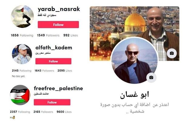 This handout photo from the Shin Bet on February 2, 2023, shows social media profiles used by Abu Ghassan, a Lebanese man, to allegedly recruit Palestinians for terror. (Shin Bet) This handout photo from the Shin Bet on February 2, 2023, shows social media profiles used by Abu Ghassan, a Lebanese man, to allegedly recruit Palestinians for terror. (Shin Bet)