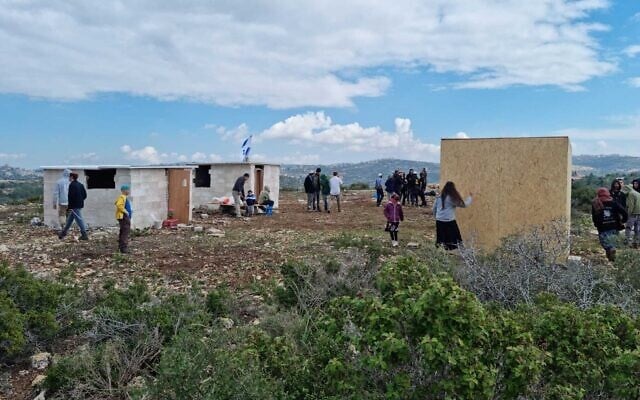 A photo sent out on February 12, 2023, shows settler activists at the illegal Gofna outpost in the West Bank. (Courtesy) A photo sent out on February 12, 2023, shows settler activists at the illegal Gofna outpost in the West Bank. (Courtesy)