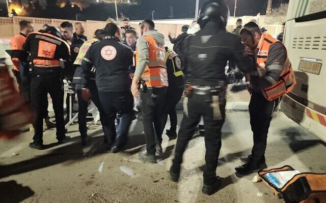 The scene of a suspected terror attack at the entrance to Shuafat Refugee Camp in East Jerusalem, February 13, 2023. (United Hatzalah) The scene of a suspected terror attack at the entrance to Shuafat Refugee Camp in East Jerusalem, February 13, 2023. (United Hatzalah)