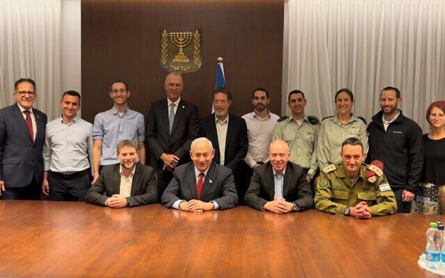 Front L-R: Finance Minister Bezalel Smotrich, Prime Minister Benjamin Netanyahu, Defense Minister Yoav Gallant and IDF chief Herzi Halevi following a meeting on the defense budget at the Prime Minister's Office, February 22, 2023. (Courtesy) Front L-R: Finance Minister Bezalel Smotrich, Prime Minister Benjamin Netanyahu, Defense Minister Yoav Gallant and IDF chief Herzi Halevi following a meeting on the defense budget at the Prime Minister's Office, February 22, 2023. (Courtesy)