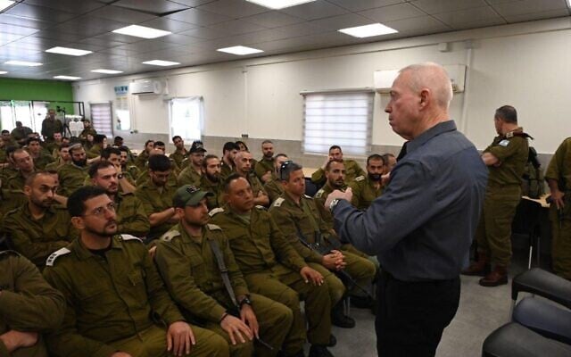Defense Minister Yoav Gallant speaks to troops of the reservist 363rd battalion at an army base in the West Bank, February 28, 2023. (Nicole Laskavi/Defense Ministry) Defense Minister Yoav Gallant speaks to troops of the reservist 363rd battalion at an army base in the West Bank, February 28, 2023. (Nicole Laskavi/Defense Ministry)