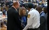 Security guards ask an Israeli observer delegation headed by Sharon Bar-Li (center) to leave the African Union summit in Addis Ababa, Ethiopia, on February 18, 2023. (Screen capture/Twitter; used in accordance with Clause 27a of the Copyright Law)