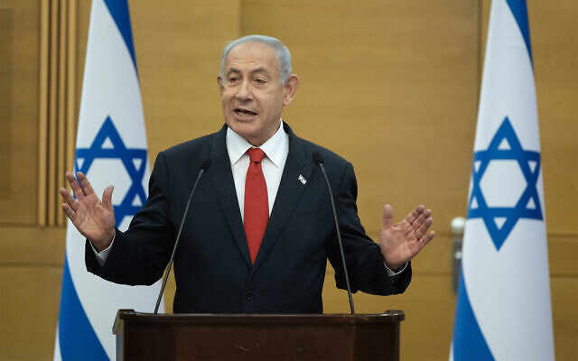 Prime Minister Benjamin Netanyahu leads a faction meeting at the Knesset in Jerusalem, February 20, 2023. (Yonatan Sindel/Flash90) Prime Minister Benjamin Netanyahu leads a faction meeting at the Knesset in Jerusalem, February 20, 2023. (Yonatan Sindel/Flash90)