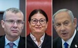 A composite image, from left, of Justice Minister Yariv Levin at a government conference at the Prime Minister's Office in Jerusalem on January 15, 2023; Supreme Court Chief Justice Esther Hayut at a hearing in Jerusalem on December 1, 2022; and Prime Minister Benjamin Netanyahu at the Prime Minister's Office in Jerusalem on January 29, 2023. (Yonatan Sindel/Flash90)