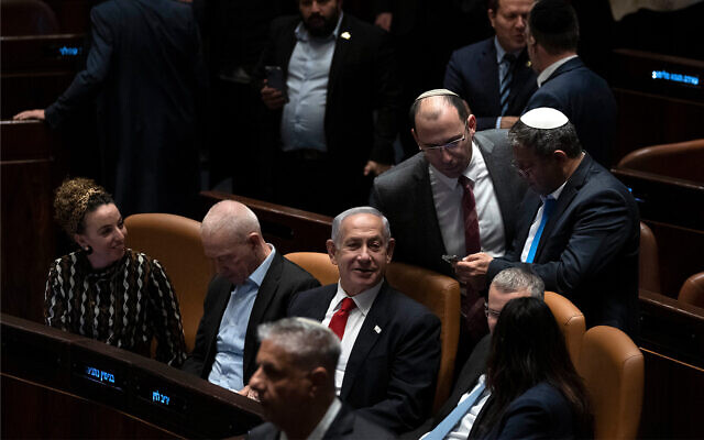 Prime Minister Benjamin Netanyahu, center, and his coalition allies at the Knesset in Jerusalem, February 21, 2023. (AP Photo/Maya Alleruzzo, Pool) Prime Minister Benjamin Netanyahu, center, and his coalition allies at the Knesset in Jerusalem, February 21, 2023. (AP Photo/Maya Alleruzzo, Pool)