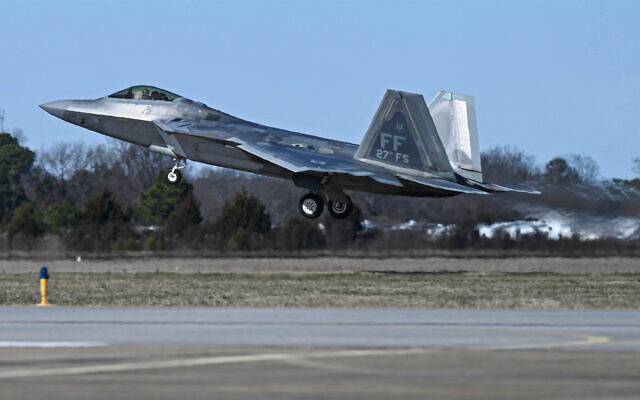 Illustrative: A US Air Force pilot taking off in an F-22 Raptor at Joint Base Langley-Eustis, Virginia, February 4, 2023. (Airman 1st Class Mikaela Smith/US Air Force via AP) Illustrative: A US Air Force pilot taking off in an F-22 Raptor at Joint Base Langley-Eustis, Virginia, February 4, 2023. (Airman 1st Class Mikaela Smith/US Air Force via AP)