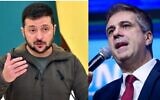 (Left) Ukrainian President Volodymyr Zelensky speaks during a press conference with his Guinea-Bissau counterpart following their talks in Kyiv on October 26, 2022;
(Right) MK Eli Cohen speaks at conference in Tel Aviv, December 8, 2022. (Sergei Supinsky/AFP; Tomer Neuberg/Flash90)