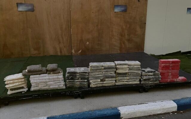 Heroin, cocaine and hashish seized during a smuggling attempt on the Egypt border, February 5, 2023. (Israel Defense Forces)