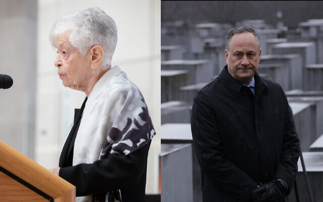 Ruth Cohen, pictured at left during a ceremony at the U.S. Holocaust Memorial Museum in 2020, will be the guest of second gentleman Doug Emhoff at US President Joe Biden's State of the Union speech, February 7, 2023. Emhoff is pictured here during a visit to Berlin's Holocaust memorial in January 2023. (Cohen courtesy of US Holocaust Memorial Museum; Emhoff by Sean Gallup/Getty Images via JTA) Ruth Cohen, pictured at left during a ceremony at the U.S. Holocaust Memorial Museum in 2020, will be the guest of second gentleman Doug Emhoff at US President Joe Biden's State of the Union speech, February 7, 2023. Emhoff is pictured here during a visit to Berlin's Holocaust memorial in January 2023. (Cohen courtesy of US Holocaust Memorial Museum; Emhoff by Sean Gallup/Getty Images via JTA)