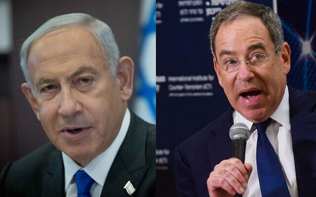 Left: Prime Minister Benjamin Netanyahu leads a meeting at the Prime Minister's Office in Jerusalem on January 29, 2023 (Yonatan Sindel/Flash90) ; Right: US Ambassador to Israel Thomas Nides at Reichman University in Herzliya, September 11, 2022 (Avshalom Sassoni/Flash90)