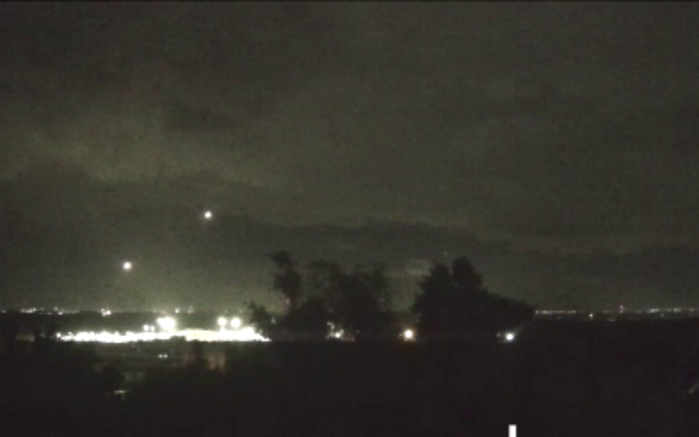Two Iron Dome interceptor missiles are seen launched over Sderot, February 4, 2023. (Dadi Fold/Courtesy) Two Iron Dome interceptor missiles are seen launched over Sderot, February 4, 2023. (Dadi Fold/Courtesy)